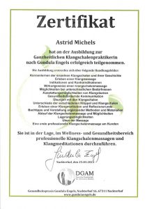 Zertifikat Klangschalenpraktikerin nach Gundula Engels
